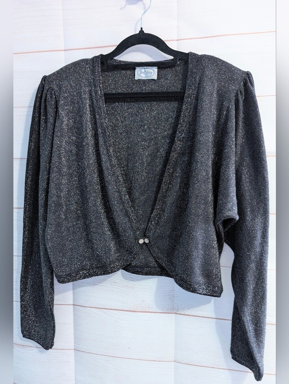 Vintage Holiday KnitwearSparkle Open-Front Black Cropped Sweater Cardigan Bolero